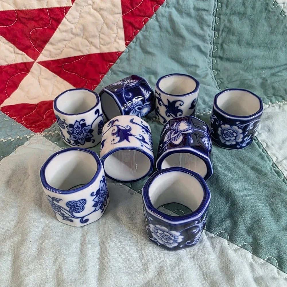 Blue and White Porcelain Floral Napkin Rings Set of 8 Chinoiserie Style